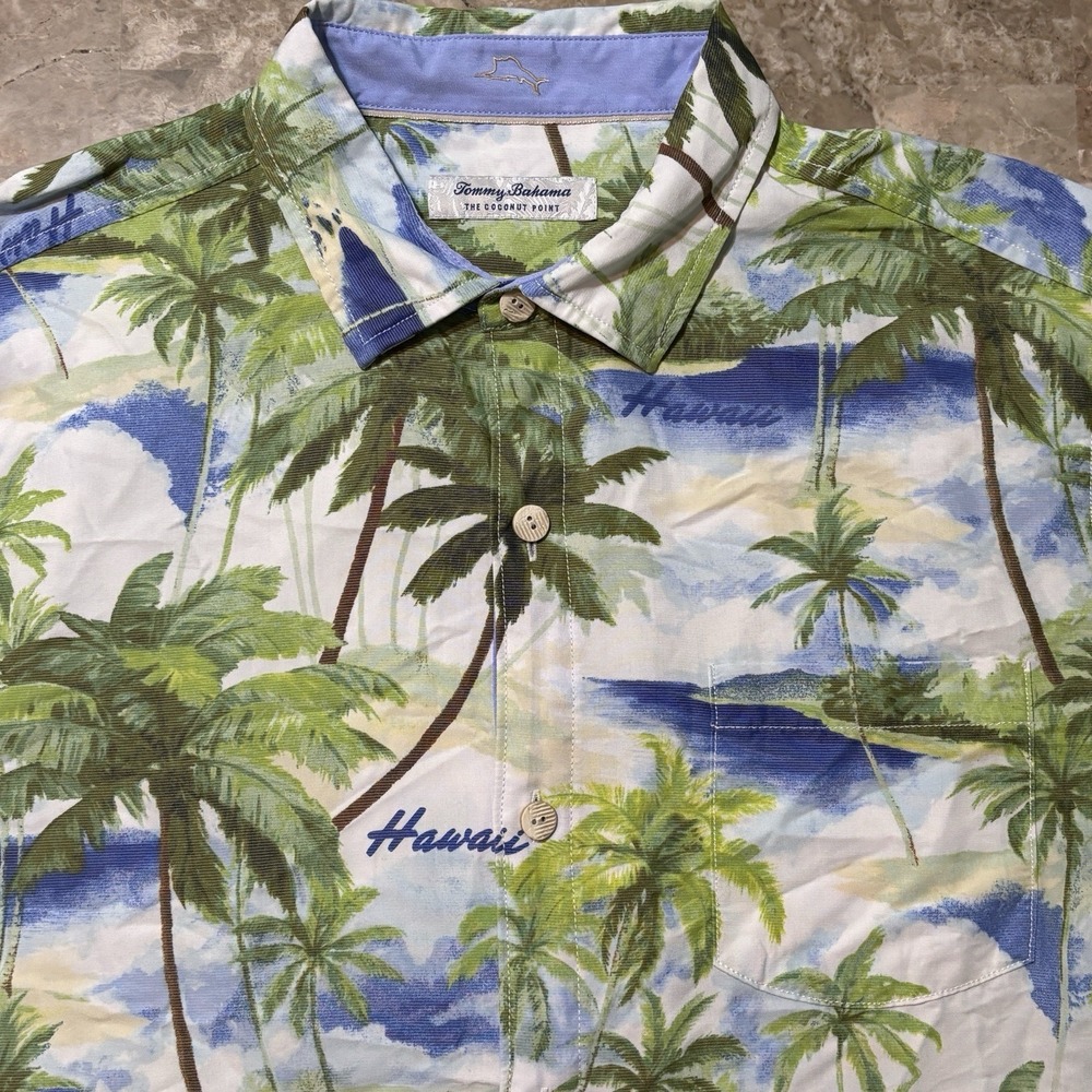 Tommy Bahama Shirt Mens Large The Coconut Point Hawaii Exclusive White Palm Tree